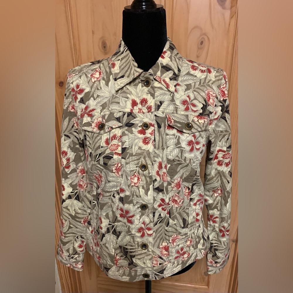 COPY - Charter Club Tan and Red Jean Jacket with Floral Print